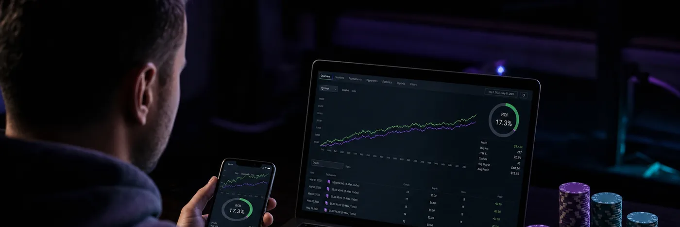 A poker player checking results on a laptop and phone - a rising chart and a return-on-investment figure - next to a stack of chips